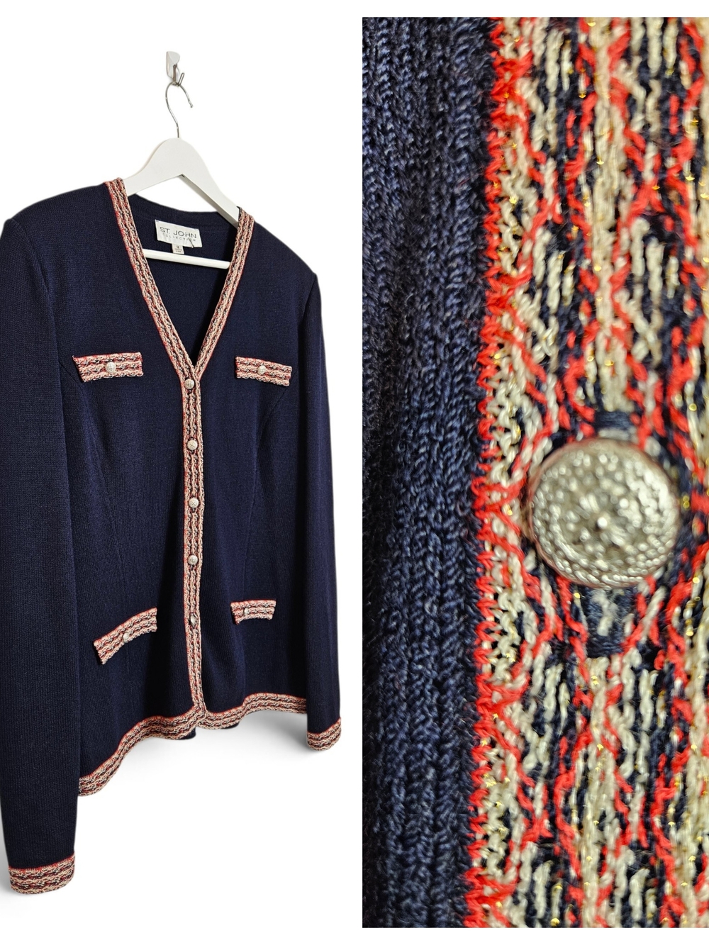 St. John Collection Cardigan Jacket Size 12 V-Neck Contrast Trim Navy Blue Gold!